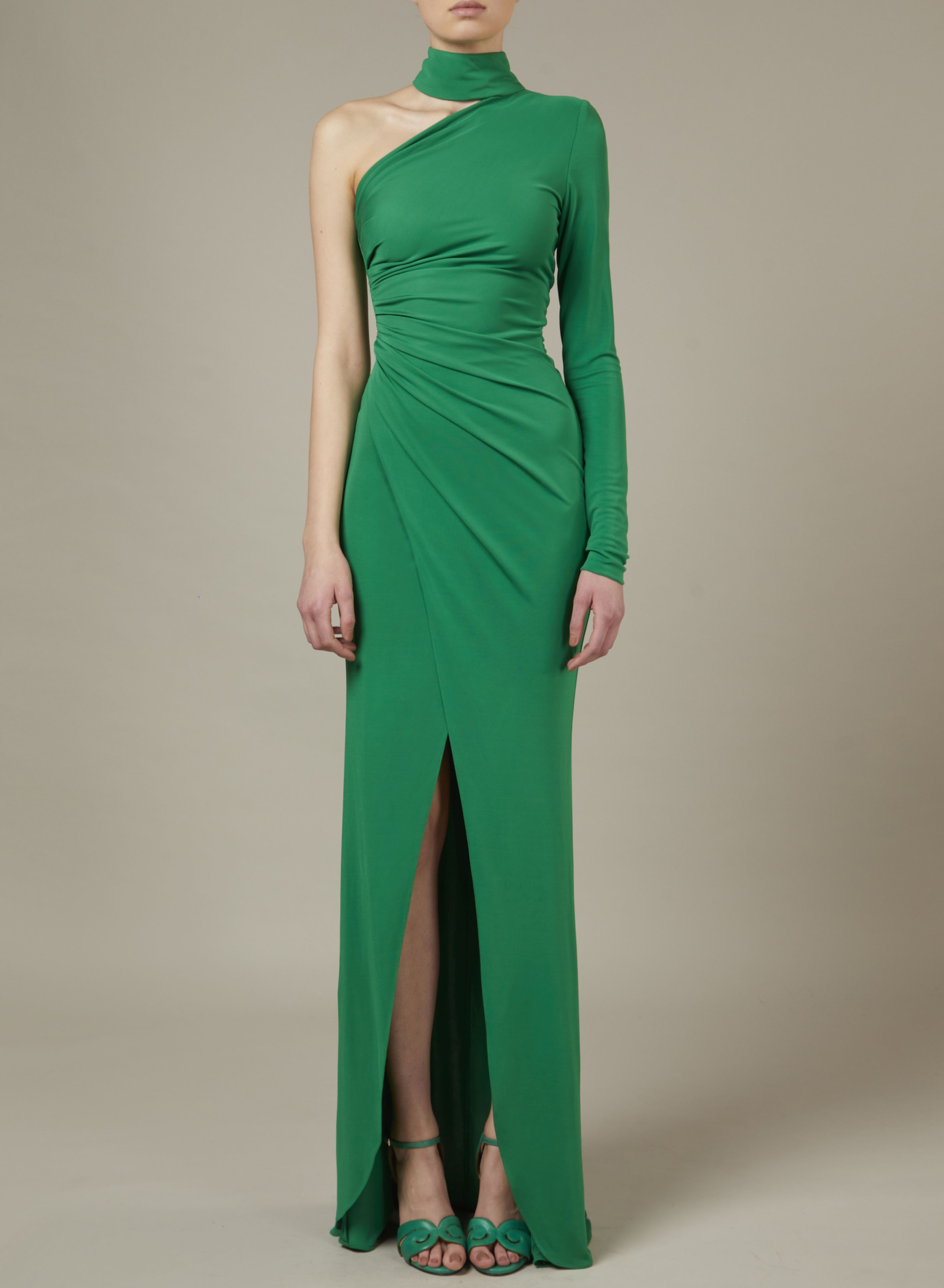 ASYMMETRICAL GREEN JERSEY LONG DRESS ...